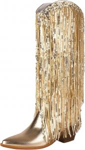 Женские ковбойские сапоги IWIHMIV с острым носком, средней высоты, блестящие вестерн-сапоги, на вытяжке, модные, широкие голенища, Gold