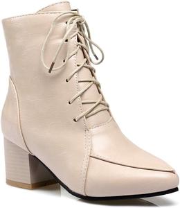 Женские ботильоны VOKLIN в западном стиле с острым носком, челси, на шнуровке и молнии, с массивными средними каблуками, стильные короткие ботинки, Beige-Velvet Lined