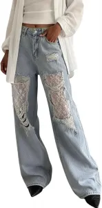 Женские кружевные джинсы High Waist Ripped | ретро осенние повседневные широкие брюки