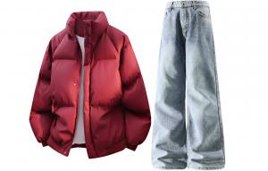 Повседневная спортивная одежда унисекс с воротником стойка утепленная X1617, burgundy puffer jacket+синий fleece-lined pants