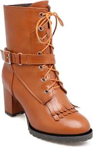 Женские ботильоны VOKLIN с круглым носком в западном стиле, элегантные, на застежке-пряжке с заклепками и молнией, с устойчивым средним каблуком, Brown-Velvet Lined