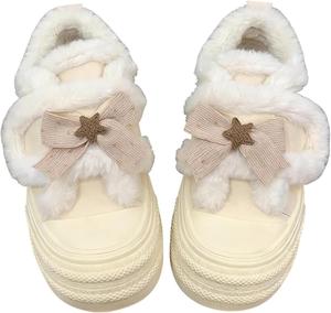 Женские ботинки с пушистой отделкой в форме звезды, стиль Y2K, милый бантик, плюшевая подкладка, застежка-липучка, теплые и удобные зимние ботинки OJQIH, Beige