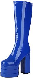 Женские глянцевые кожаные сапоги до колена с двойной платформой, толстым каблуком и боковой молнией, увеличивающие рост Generic, Blue