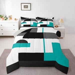 Erosebridal Геометрический комплект постельного белья Teal and White с абстрактными полосами и кругами, серый современный дизайн, Multi 34