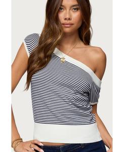 Женская трикотажная блузка Lottey в полоску с открытыми плечами Edikted, Cream-and-navy