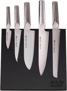 Global Bitoku набор из 6 предметов Ukon Essentials - магнитная подставка, 5 ножей: 20 см шеф-поварской, 23 см для хлеба, 18 см сантоку, 15 см серрейторный универсальный, 9 см овощной, черный