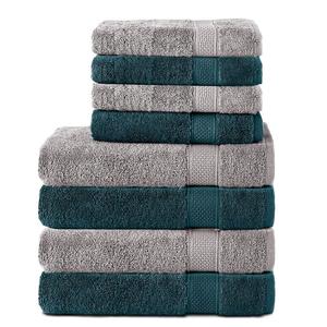 Комплект Komfortec: 8 полотенец из 100% хлопка, 4 банных полотенца 70х140 и 4 полотенца для рук 50х100 см, махровая ткань, мягкая, большая, серебристый/бензиновый.