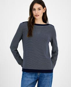 Женский хлопковый свитер в полоску с вырезом-лодочкой Nautica Jeans, Night Sky/ White Swan