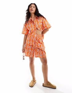 Льняная рубашка с принтом Sixth June оранжевого цвета