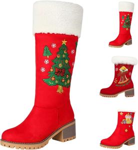 Женские рождественские ботильоны с меховой подкладкой, боковой молнией, массивным каблуком, снежные ботинки с пушистой отделкой, теплые и удобные сапожки Санта HBDHEJL, #01 Red