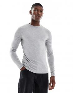 Футболка ASOS DESIGN Muscle Fit с длинными рукавами светло-серого цвета