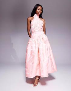 Платье макси из жаккарда ASOS LUXE с бантом в ярко-розовом цветочном узоре