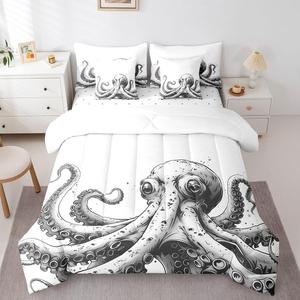 Erosebridal Комплект постельного белья Octopus 7 Piece с принтом морских животных в минималистичном стиле, Black and White 20