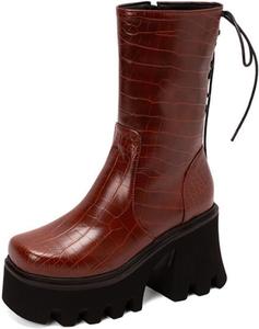 Женские ботильоны Aflngle на платформе с массивным каблуком, шнуровкой сзади, округлый закрытый носок, боковая молния, стиль панк, мотоциклетные готические полусапожки, Brown