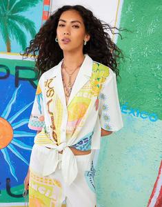 Рубашка ATLAS с графическим принтом и завязкой спереди кремового цвета River Island