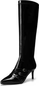 Женские сапоги до колена с ремешками и пряжками, туфли на шпильке, с острым носком, боковой молнией, из мягкой искусственной кожи, сексуальные длинные сапоги и ботильоны Feetquake, Black Patent
