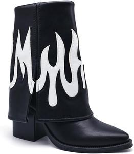 Generic Западные ковбойские сапоги, черная кожа, белый узор в виде пламени, боковая застежка-молния, массивный каблук