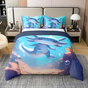 Erosebridal Комплект постельного белья Lovely Axolotl из 100% хлопка с принтом морских животных в синих тонах, Blue Yellow