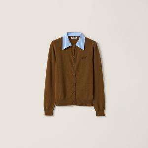 Кашемировый кардиган с воротником MIU MIU, табак/небесно-голубой