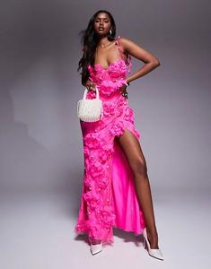 Длинное платье из кружева с 3D-цветочным декором ASOS LUXE розового цвета