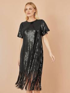 Платье с пайетками и бахромой с короткими рукавами Yumi, Black