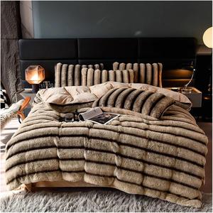 KYTGFH Комплект постельного белья из искусственного меха бархатный флис коричневый полосатый