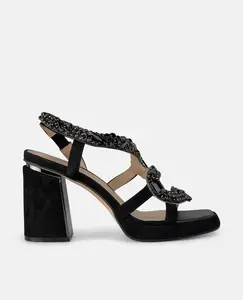 Женские босоножки на каблуке с ремешком под змеиную кожу и камнями с эластичной застежкой Alma en Pena, черный