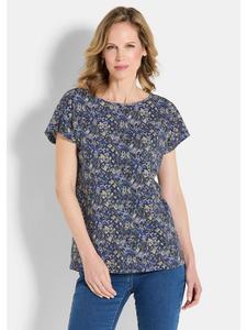 Блузка с принтом, короткими рукавами и вырезом-лодочкой, синего/каменного/узорчатого цвета GOLDNER