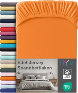 Простыня на резинке из премиального джерси для матрасов глубиной до 25 см - 100% суперчесаный хлопок, 140 г/м², на резинке по всему периметру, цвет: оранжевый, размер: 140-160 х 200 см NYVI