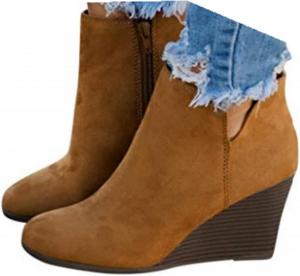 Ботильоны для женщин осень-зима мода замшевые на танкетке ботильоны с боковой молнией V-образного выреза короткие ботинки с круглым носком на танкетке вестерн повседневные Generic, Brown