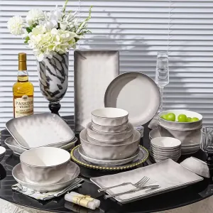 Ceramics Керамический набор посуды для дома, 2025 новая светлая роскошь премиум-ощущение, керамические миски тарелки палочки для еды, подарок на новоселье, градиент серый (подарочная коробка), 54 предмета