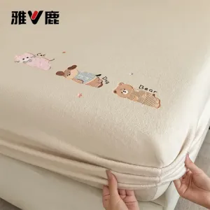 Yalu Простыня на резинке 200х220 см из молочного вельвета, утолщенная, антискользящая, цвет Cartoon Light Beige