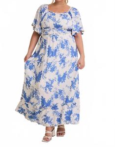Индиго Блум Макси платье в бело-голубом цветочном принте GILLI