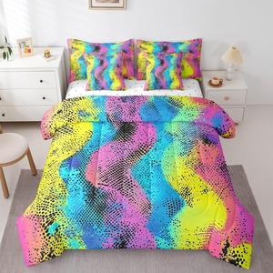 Erosebridal Комплект постельного белья Colorful Abstract Line Reversible Comforters Neon Wavy Stripes Minimalist Pattern, Pink Yellow