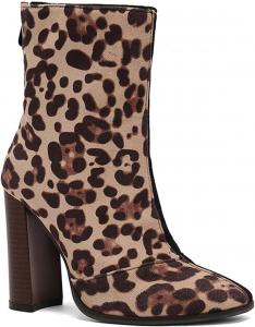 Женские ботинки на шнуровке Alyaafifa с высокими каблуками, закругленным носком и молнией, 4-дюймовый массивный каблук, замшевая кожа, элегантные короткие ботильоны для вечеринок и мероприятий, Leopard - Two Tone