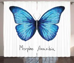 Штора ABAKUHAUS Бабочка в деревенском стиле, абстрактная акварель, универсальная ленточная штора для гостиной с петлями и крючками, 280 x 225 см, светло-голубой, индиго и белый Abakuhaus