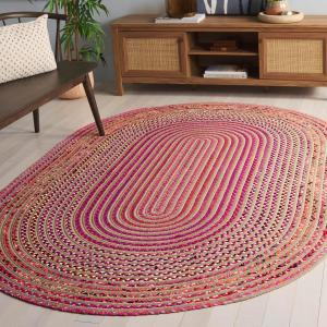 Ковер SAFAVIEH, 122 x 183 см,  Braided Collection, овальный, Natural & Red, ручной работы, смесь джута, идеально для гостиной, столовой, спальни (BRA861P)