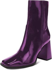 Женские ботильоны XYD с высоким массивным каблуком, закрытым квадратным носком, боковой молнией, короткие, из лакированной кожи, на зиму и осень, для улицы, стильные, Purple