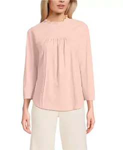 Женский топ из хлопка с рукавами 3/4 и кружевной отделкой Lands' End, розовый