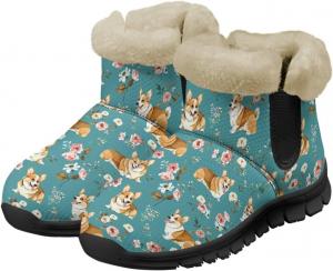 Зимние женские ботинки с теплой пушистой подкладкой, снежные ботинки на ходьбу, слипоны, ботильоны, с принтом собаки Chririnla, Welsh Corgi Dog Flower