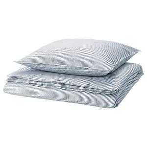 Пододеяльник и наволочка, белый в сине-полосатую полоску, 155x220/80x80 см IKEA Solfibbla