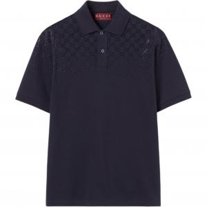 Хлопковая рубашка-поло пике с кристаллами Gucci, темный синий