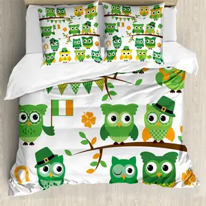 Пододеяльник ABAKUHAUS ко Дню Святого Патрика, ирландские совы, защита от клещей, подходит для аллергиков, с наволочками, 200 см x 200 см - 80 x 80 см, зеленый с белым Abakuhaus