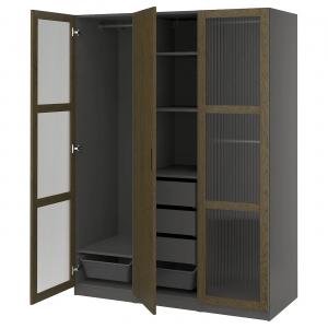 Гардероб PAX/TONSTAD IKEA, 150x60x201 см, цвет dark grey brown/stained oak veneer glass