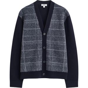 COS Мужской трикотажный кардиган средней длины с V-образным вырезом, темно-синего цвета в клетку