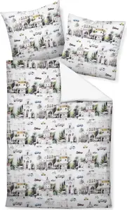 Постельное белье Janine Mako Satin - Palm Tree Holiday Resort Natural 135 x 200 см. Курорт, пальмы, автомобили. Original Janine