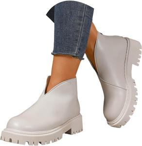 Женские ботильоны, повседневные короткие ботинки на низком толстом каблуке, с округлым носком, стильные платформенные ботинки, боевые ботинки на шнуровке, слипоны на плоской подошве, удобная обувь для ходьбы JYSwoshoe, White-5