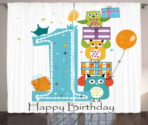 Штора ABAKUHAUS "День рождения в деревенском стиле", с изображением совы на торте "Первая свеча", универсальная ленточная штора для гостиной с петлями и крючками, 280 x 245 см, небесно-голубой, оранжевый Abakuhaus