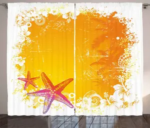 Штора ABAKUHAUS "Морская звезда" в деревенском стиле, экзотические цветы, морские звезды, присборенная штора из тесьмы для спальни с петлями и крючками, 280 x 245 см, цвет: оранжевый, желтый, розовый Abakuhaus