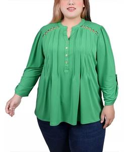 Топ больших размеров с длинными рукавами и защипами спереди, с цепочками NY Collection, зеленый